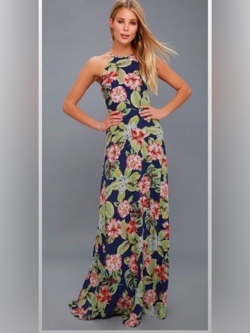 Lulu's Navy Floral Halter Maxi Dress